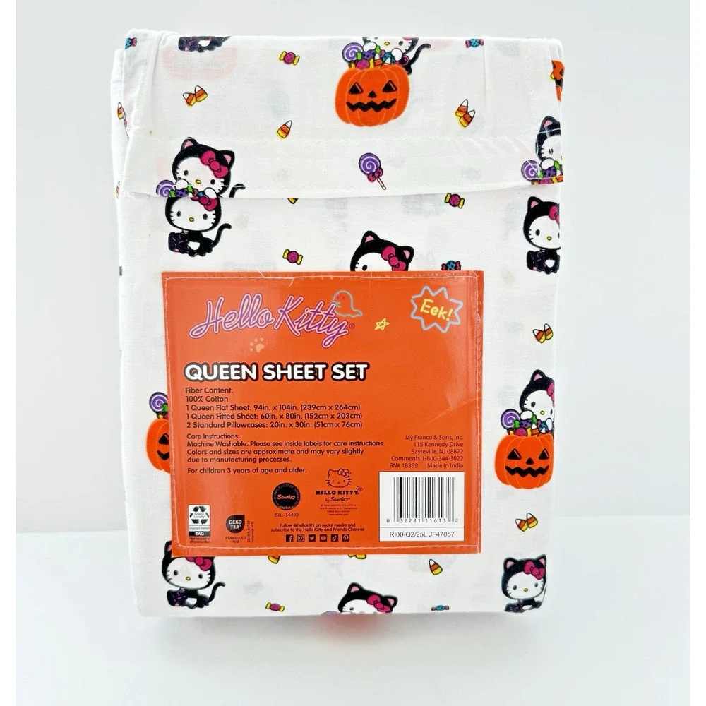 NWT Sanrio HELLO KITTY Queen Sheet Set HALLOWEEN Pumpkin Black Cat 4-PC Cotton